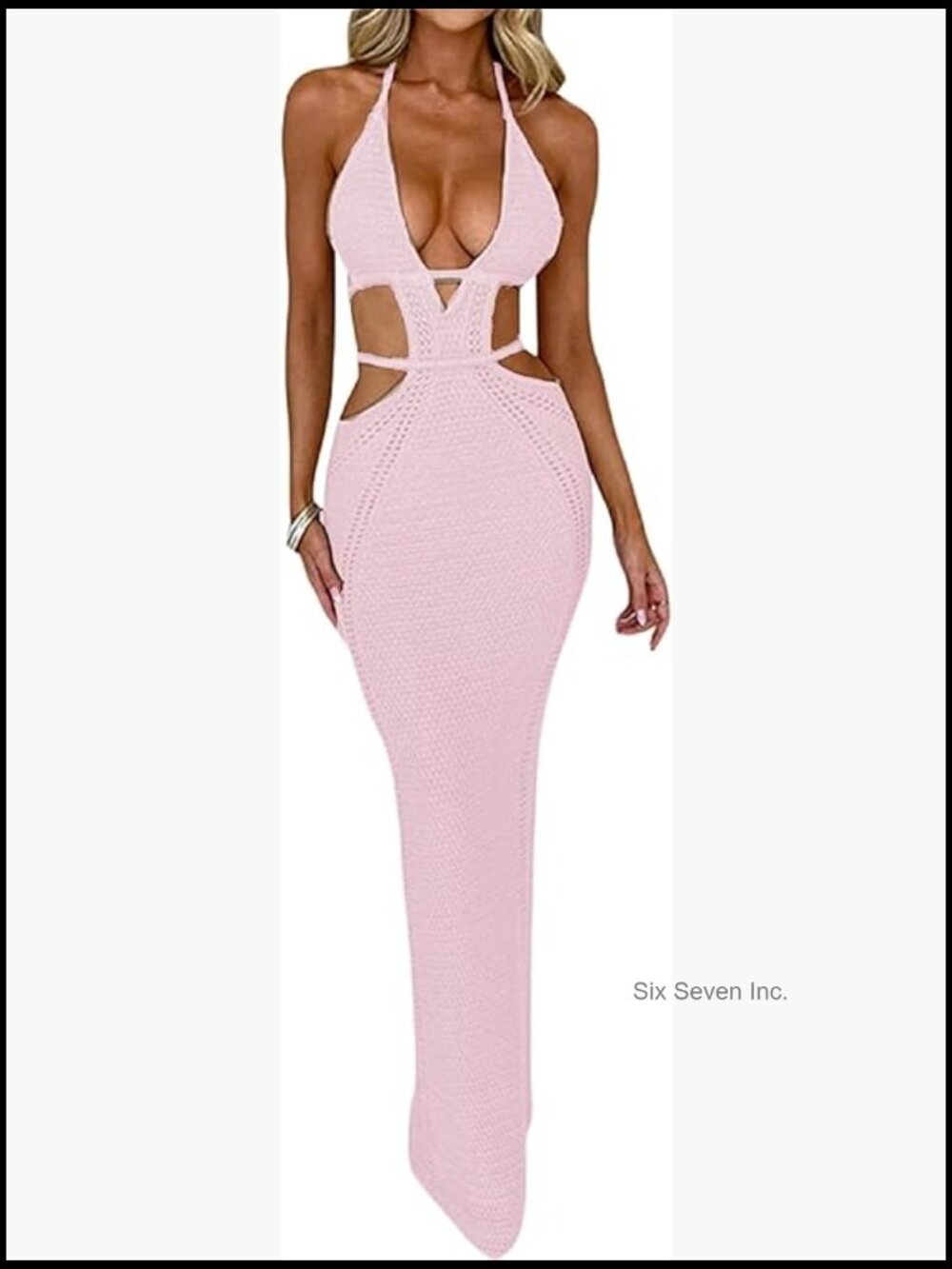 Sexy Knitted Halter Backless Hollow Out Bodycon Maxi Dress